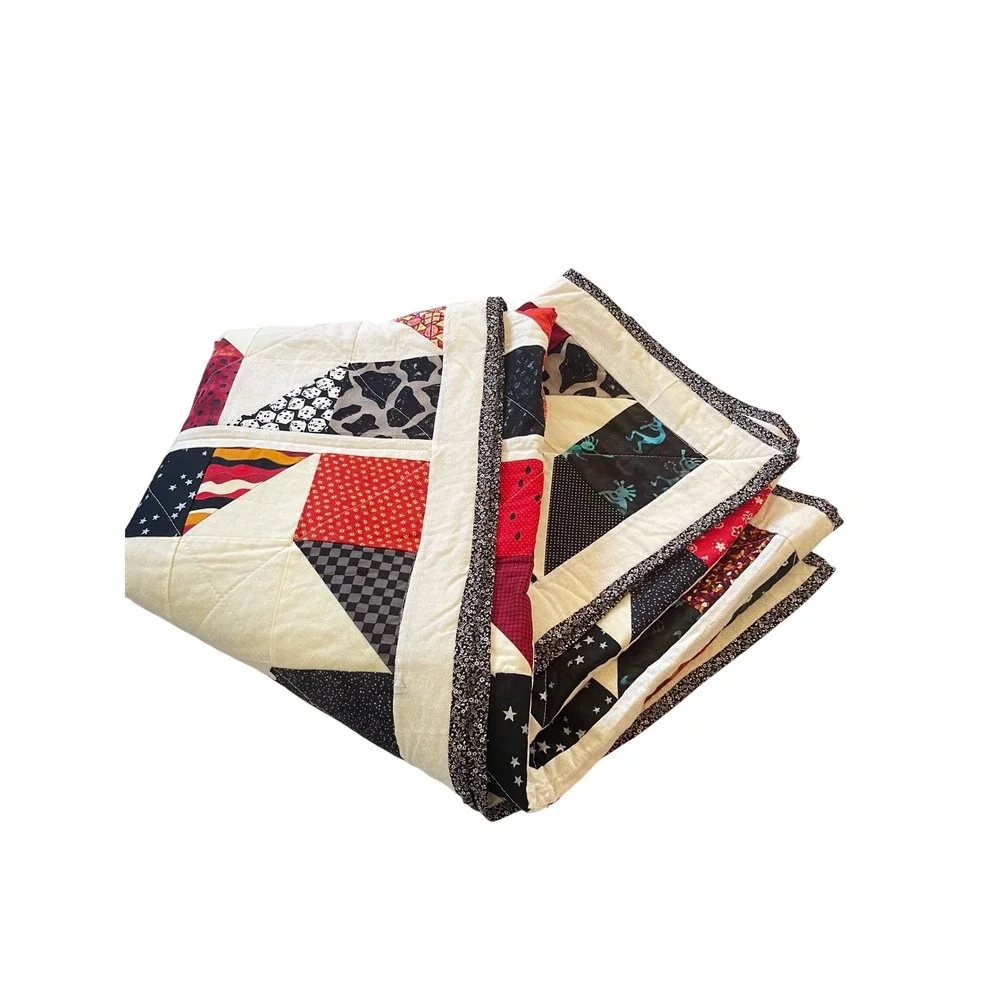 Handmade Patchwork Quilt Bits Red Black 56x69 Throw